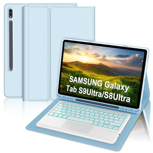 Keyboard Case with Touchpad for Samsung Galaxy Tab S10 Ultra 14.6'' 2024, Wireless Bluetooth Backlit Trackpad Keyboard, Slim Cover for Samsung Galaxy Tab S10/S9/S8 Ultra 14.6 Inch Tablet, Sky Blue
