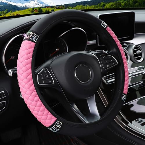 Lenkradbezug,Universalgröße 37-38CM Anti Rutsch Lenkradabdeckung,Bunte Glitzernde Kristall-Strasssteine, Auto-elastischer Lenkradschutz für Damen und Mädchen, Autozubehör für die meisten Autos (Pink)
