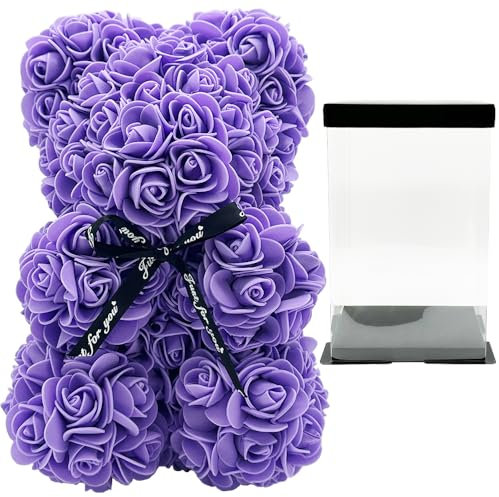SECALIFE Rose Bear Gifts for Her for Mom, Rose Teddy Bear Handmade Flower Bear Gifts for Women, Rose Teddy Bear with Clear Gift Box, Gift for Valentine's Day, Mother's Day, Purple
