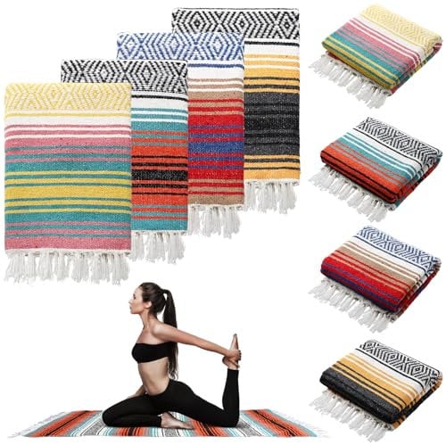 Preboun Große mexikanische Yoga-Decke, 114,4 x 177,8 cm, dick, gewebt, Campingdecke, Picknickdecke, Strand, Auto, Reisen, Überwurfdecke, Outdoor, Terrasse, Matte, Handtuch (gelb, blau, orange, grün,
