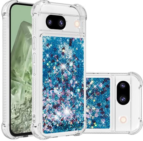 IMIRST Handytasche Kompatibel mit Google Pixel 8a Bling Flüssigkeit Glitter Silikon Shell Shockproof Kawaii Airbag Schutzhülle Bumper Case für Google Pixel 8a. YBW Love Blue