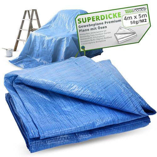 ToolSpace SUPERDICKE Gewebeplane Premium Plane mit Ösen 4x5 m Wetterfest Abdeckplane UV Beständig Tarp Outdoor Garten Wasserdicht Schutzplane Bauplane BLAU 50g/m2 Reißfest Industrieplane Bootplane