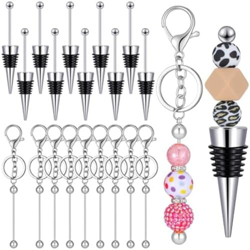 MansH - Lote de 20 llaveros de perlas para botellas de vino, con perlas en blanco, llaveros de bricolaje de plata y negro para manualidades y regalos