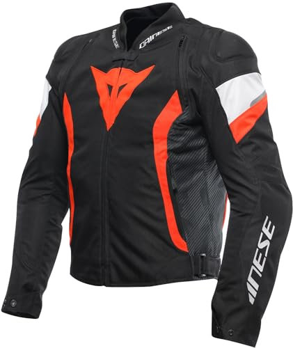 Dainese - Avro 5 Tex Jacket, Giacca Moto in Tessuto, con Protezioni su Spalle, Man, Nero/Rosso Fluo/Bianco, 56