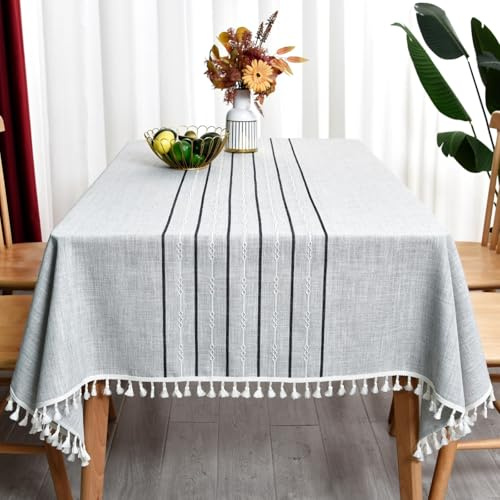 Yofori Leinen Tischdecke Abwaschbar, 135x220cm Leinenoptik Tischdecke Boho Grau Tischdecken Baumwolle Tischtuch Rechteckig für Esstisch, Küchentisch, Outdoor