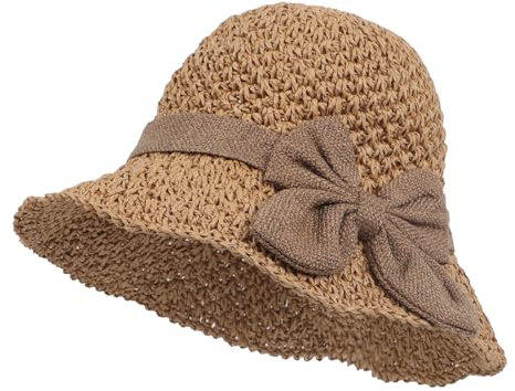 JIAHG Chapeau de Paille Femme Pliable été Chapeau de Soleil Dame avec Nœuds de Papillon Vintage Chapeau Melon en Paille Souple Respirant Panama Chapeau de Soleil Capeline de Plage Voyage Camping