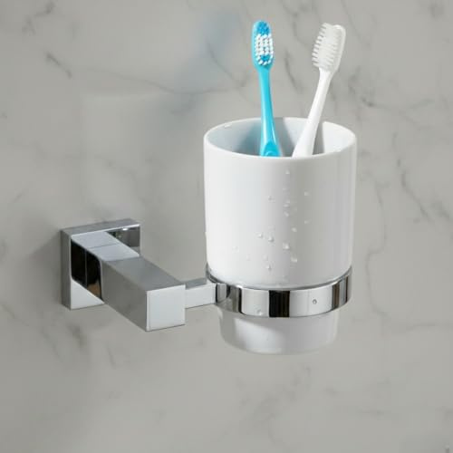 Go Bathrooms Froma Chrome Toothbrush Holder with Ceramic Tumbler Wall Mounted Solid Brass Toothbrush Holder Brushed Chrome Finish Luxury Bathroom Accessory Premium Solid Brass Construction