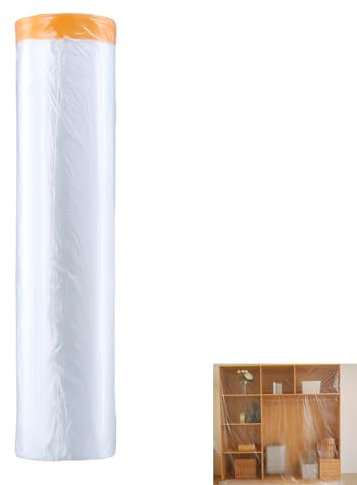 1 Rollen Abdeckfolie, Maler Abdeckfolie, Baufolie 400CM x 20M, Klebeband mit Folie, zum Schutz vor Spritzern, Staub und Flecken, für Tische, Wände, Kleiderschränke (Mit Positionierungsaufkleber)