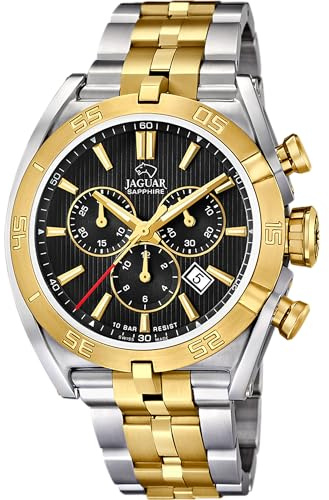 JAGUAR Swiss Made Herrenuhr Chronograph aus Edelstahl 316L Goldfarben | Quarzuhr, Kalender, Widerstandsfähiges Saphirglas, Wasserdicht 10 ATM, J855/C, Swiss Made, Schwarzes Zifferblatt