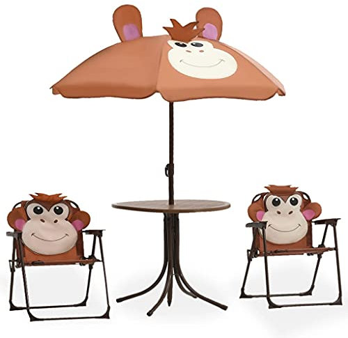 Homgoday Garten-Bistro-Set für Kinder mit braunem Sonnenschirm, Gartenmöbel, Tisch und Gartenstühle im Freien Set, Gartenmöbel-Set