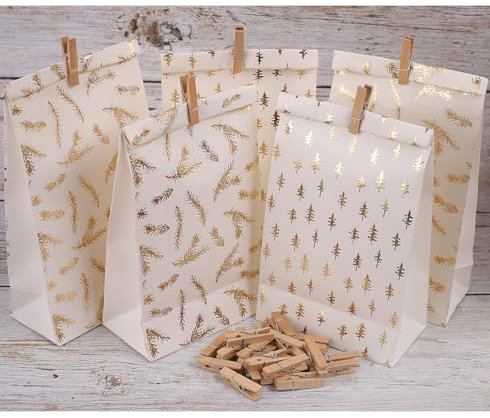 HERZONE Adventskalender zum Befüllen 24 Adventskalender Schachteln Schöner Geschenkbeutel Weihnachtsmotive Adventskalender Boxen (gold white 2type)