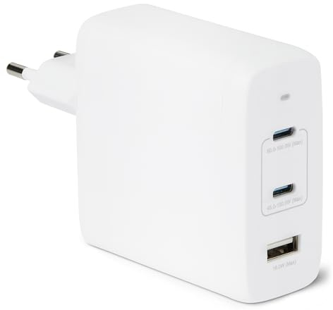 Amazon Basics Cargador de Pared USB-C Nano GaN de Carga Rápida, 120W y 3 Puertos para Ordenadores Portátiles, Tablets y Teléfonos, Blanco