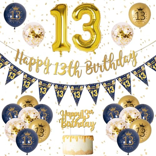 Blue Gold 13th Birthday Banner, Balloons, Latex Party Decorations for Boys
