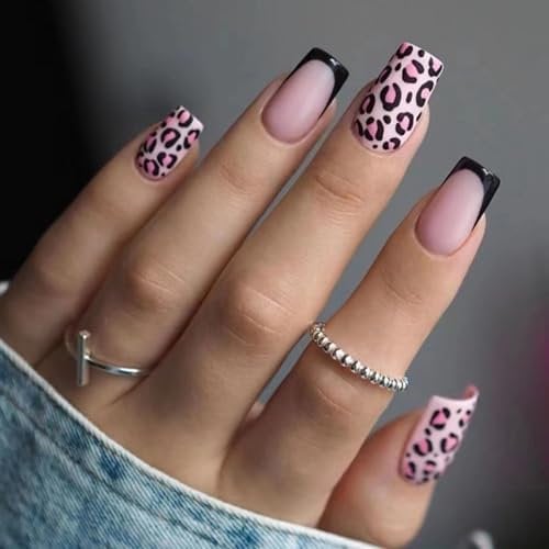 Ceboic 24Pcs French Tip Press on Nails Medium, Square False Nails With Pink Leopard Design, Removable Glossy Fake Nails Full Cover Acrylic Stick on Nail for Women Girls Nail Art