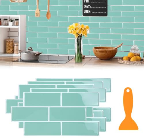 YBCCBY 10 Pcs Green 3D Vinyl Wall Tile Sticker, Peel and Stick Subway Tiles Backsplash, Brick Self Adhesive Wall Tiles, Waterproof Vinyl Stick on Tile Backsplash for Kitchen Bathroom (30.5X15.4cm)