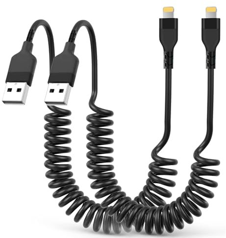 YOURKAY Cavo Lightning a spirale per Apple Carplay, Confezione da 2 Cavo ricarica, Cavo Lightning USB Retrattile con Sincronizzazione Dati, Compatibile con iPhone/Android/Huawei/Galaxy