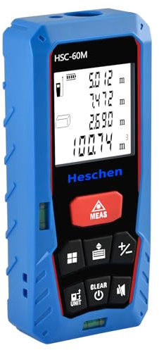 Heschen HSC-60M, 60m Laser-Entfernungsmesser mit 2 Wasserwaagen, digital, für Entfernung, Fläche, Volumen