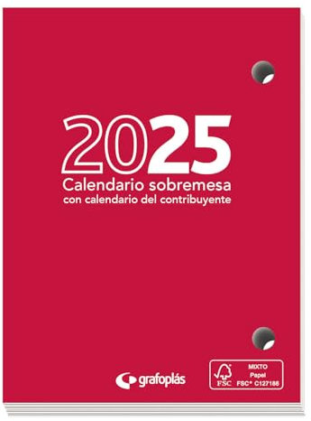 Grafoplás | Taco Calendario Sobremesa 2025 | 8,3x11cm | Vista Día Página | Calendario Contribuyente | Papel 70 Gramos | Certificado FSC | Material de Oficina Perfecto para Escritorio
