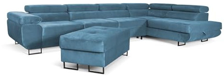 SOFILAND Aller Lang XL Modernes Design Ecksofa mit Schlaffunktion, Bettkasten in Ottomane, Hocker mit Stauraum – Tierfreundlicher Waterproof-Welvet, inkl. 2 runde Kissen, Ottomane rechts. (Blau)