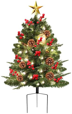 21” Christmas Outdoor Pots Tree with Cones, Red Berries, Tripod Stake and LED Lights, Christmas Artificial Planter Filler Urn for Christmas Decor Home
