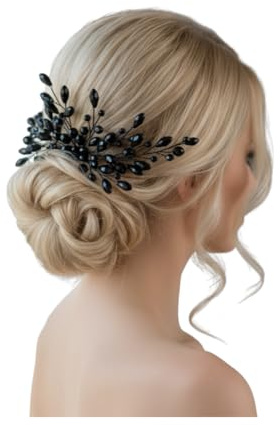 ONDEGO® Schwarzer Haarkamm mit Glasperlen-Verzierung, 18 cm Länge, 9 cm Breite, Hochzeit Gothik Abiball Kommunion
