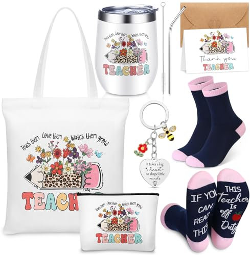 Sinmoe 7 Pcs Thank You Teacher Gifts for Women Set Teacher Appreciation Gifts for Nursery Include 12oz Insulated Mug with Lid and Straw Tote Bag Makeup Bag Socks Keychain Greeting Card with Envelope