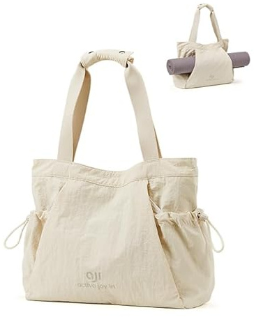 aji Yogatasche, Yoga Tasche mit Nass- und Trockenaufbewahrungstasche und Vielen Fächern, Yogamatte Tasche Leicht für Damen Gym Shopper Sport (Cremeweiß)