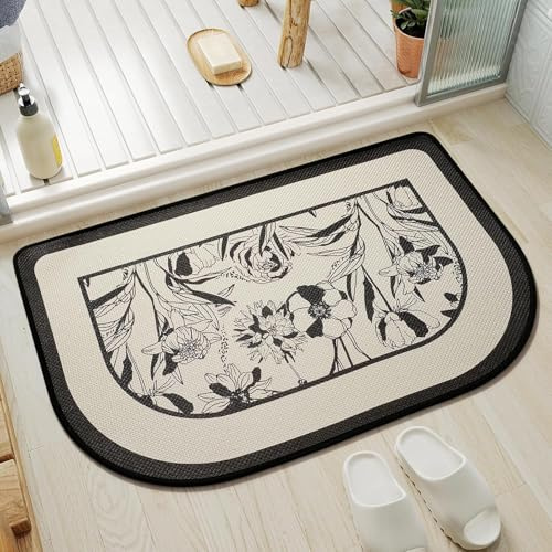 Super saugfähige Bodenmatte rutschfest 50*80 cmBadematte schnell trocknend,dünne Badezimmerteppiche passen unter die Tür, waschbare Badezimmer-Fußmatten, Duschvorleger für vor Badewanne (Schwarz Weiß)