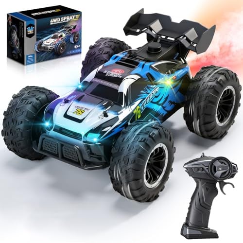 DEERC 1:16 4WD RC Car with LED Lights Music Spray Remote Control Vehicle | 2.4GHz Indoor Outdoor Off Road Toy, Dual Batteries for 40 Min Play, One Click Demo, Birthday Gift for Boys Ages 5 to 12