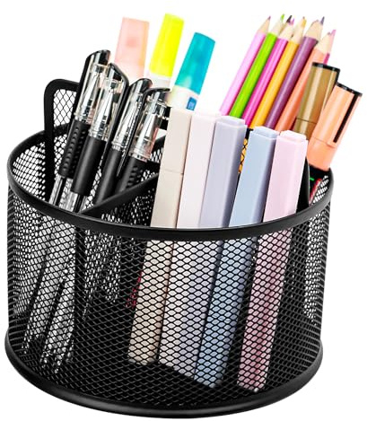 Godneei Desk Organiser, 360-Degree Rotating Pen Holder, Round Metal Mesh Pen Pots with 5 Compartments, Multifunctional Pencil Holder, Stationery Storage Desktop Organiser for Home, Office, School