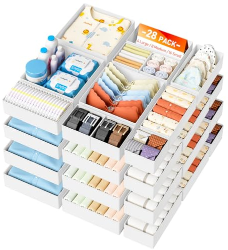 DIMJ 28 Pack Drawer Dividers Foldable Storage Organiser Boxes, Linen White | for Underwear, Clothes, Bras, Socks, For Tie, Belt, Cosmetics, Wardrobe Storage