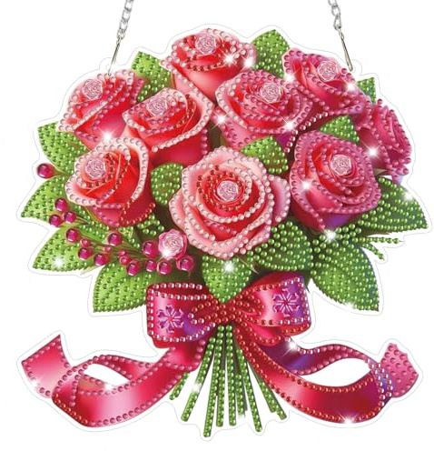 Lxmsja Rosa Rosen Diamond Painting Anhänger, 5D Valentinstag Diamond Painting Blume Fensterbilder für Erwachsene, Bastelset Kreativ Set, Hängend Ornament Tür Fenster Wand Eingang Decor