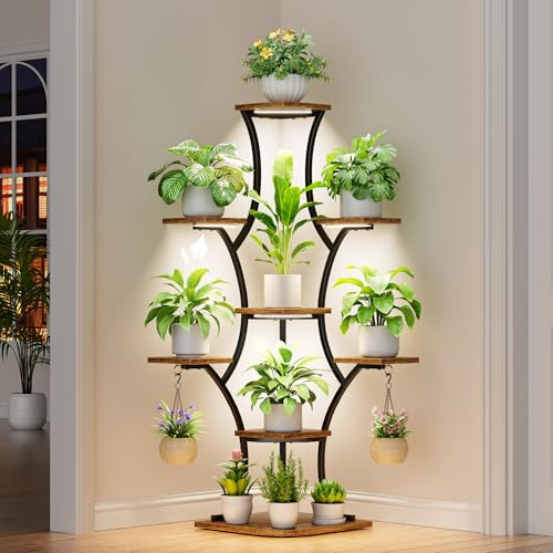 Eck-Pflanzenständer mit Wachstumslicht - 8 Ebenen Blumenständer 134cm Metall Holz Pflanzenregal - Innen & Außen Blumentreppe - Dekoratives Schwarz Blumenregal für Innen Garten Balkon