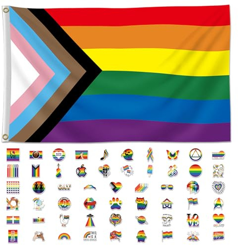 Rainbow Gay Pride LGBTQ Flag with Stickers,150 x 90 cm Pride Flag and 55Pcs Stickers Gay Pride Accessories for Garden Outdoor Indoor Pride Month Celebration