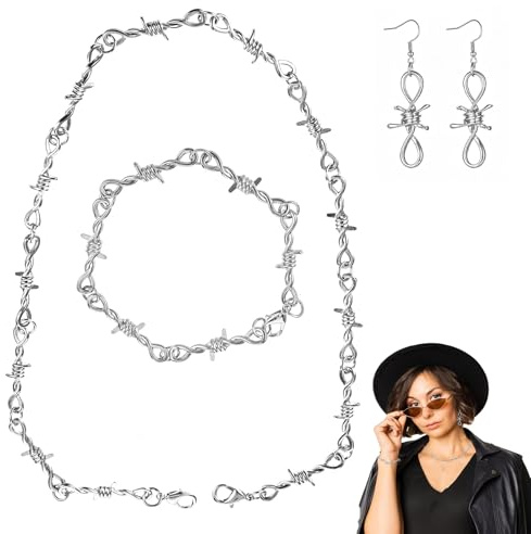 JOVYTH 1 Set Gioielli Punte – Collana + Bracciale Filo Spinato + Orecchini, Punk Rock Argento, Catena Y2K, Accessorio Hip Hop, Regalo Compleanno per Uomo Adolescente, Vigilia di Natale