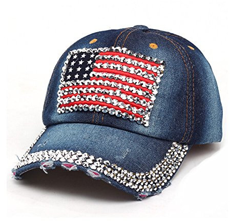 American Flag Baseball Cap Sparkle Rhinestone USA Flag Deim Hip Hop Hat - - One Size