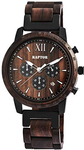 Raptor Limited Herren-Holzuhr Holzarmband Edelstahl Chronograph Analog Tachymeter Sandelholz 45mm Durchmesser Metallfaltschließe Quarz RA20255