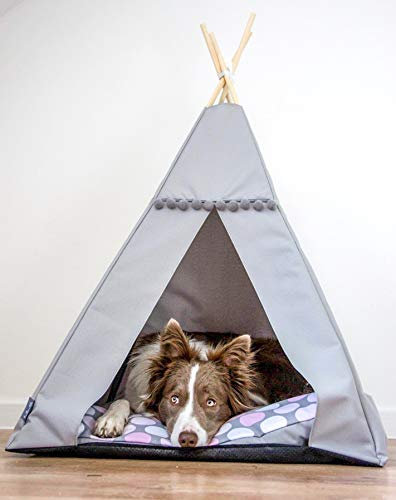Halkalife Tipi für Katzen und Hunde mit Bommeln. Wasserdichtes Haustierzelt mit Rutschfester Basis. Hunde- und Katzenhaus. (Rosa Punkte, 65x65x94cm, Graues Zelt)