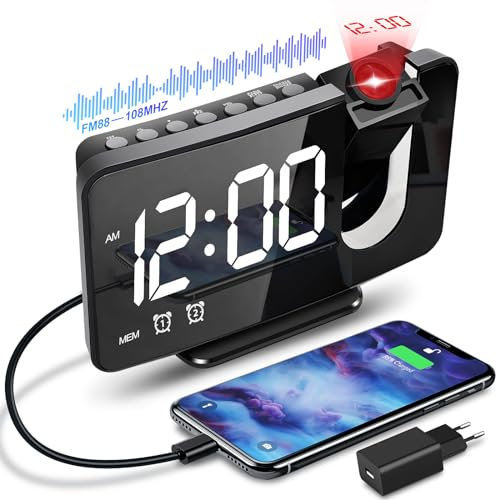 Anykuu Projektionswecker Wecker mit FM-Radio Snooze-Doppelgong USB-Anschluss 3 Helligkeitsstufen LED-Display 180°-Radiowecker Digitaler Wecker Geeignet für zu Hause und im Büro usw