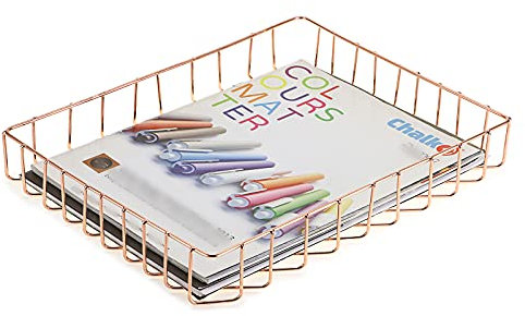 BTSKY Multipurpose A4 File Tray Wire Desk Tray Organizer Elegant Letter Size Desk Documents Tray Magazine Files Storage Basket Organizer Bin for Office Cosmetics Bathroom(Rose Gold)