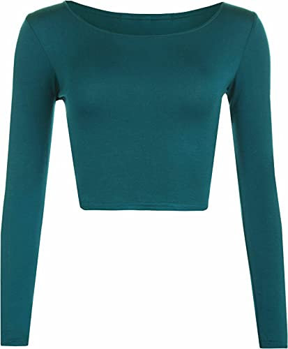 Womens Crop Long Sleeve T Shirt Ladies Short Plain Basic Round Neck Shirts Top 8-14 (Teal UK 8-10)