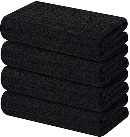 Homaxy Hochwertige Mikrofaser-Küchentücher, Waffelmuster, 40,6 x 71,1 cm, ultra-saugfähige und einfarbige Geschirrtücher, 4 Stück, Schwarz