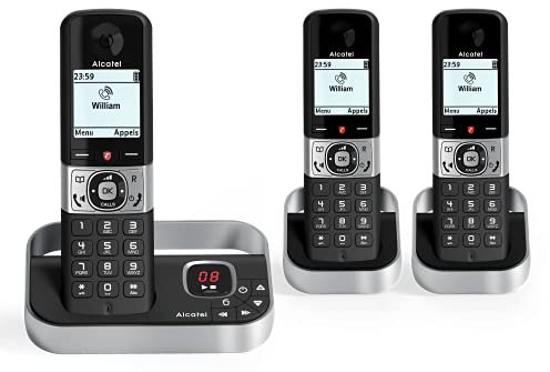 ALCATEL F890 Voice Trio - Téléphone Fixe Sans Fil DECT Avec Répondeur - Écran Graphique Haute Résolution - Mains Libres - Blocage Des Appels - Sonnerie VIP - Répondeur 50 Min - 3 Combinés - Noir/Gris