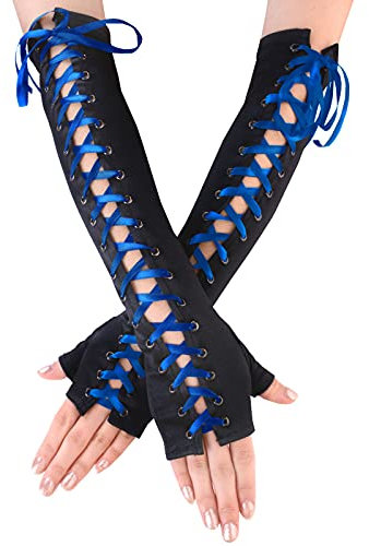 JISEN Womens Fingerless Gloves Elbow Lace Up steampunk Costume Arm Warmer Satin Royal Blue