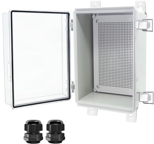 Otdorpatio Junction Box, Hinged Clear Cover Stainless Steel Latch IP67 Waterproof ABS Project Box with 2 Cable Glands,Electrical Box Enclosure with Mounting Plate & Wall Bracket 11x7.5x5.5inch