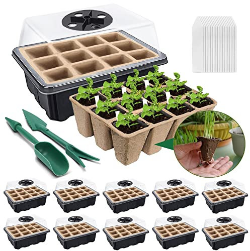 YeahBoom 10 Piezas Bandeja de Germinación,120 Agujeros Bote de Turba,Bandeja Semillas,Kit de Inicio de Planta Ajustable de Humedad,Brotado Cultivo de Invernadero Huerto