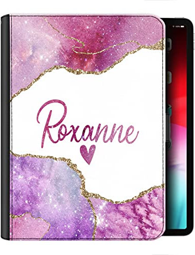 Personalised Initial Case For All Apple iPad Models 10, 9, 8, 7, 6, Air 11, Pro 12.9,13 inch, Mini, Pink Heart Name Purple Galaxy Star Marble Print, 360 Swivel PU Leather Side Flip Folio Cover