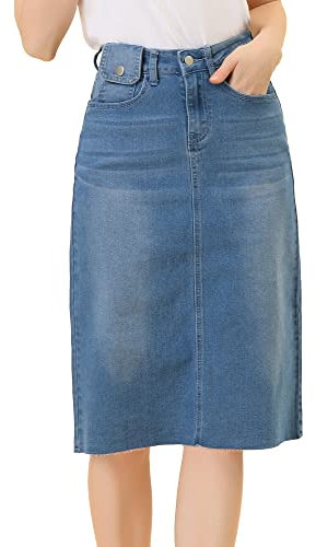Allegra K Damen Hohe Taille Denim Rock Taschen Knielang Jeansrock Midirock Azurblau L