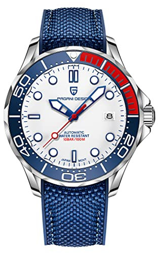 Pagani Design Mechanische Herrenuhr Stundenzeiger Leuchtende Stahl Taucheruhr Japanisches Uhrwerk Saphirglas Kalenderanzeige Fashion Business NH35 Watch 1667 (Silizium Weiß PO-1667)