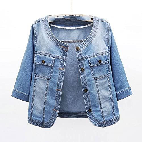 MEIZHAUNG Women'S Denim Jacket - Casual Coat Short Jeans Jacket For Women, Blue Roundneck Three Quarter Sleeve Denim Jacket ,Large Size With Pockets Washed Denim Top,Blue,M